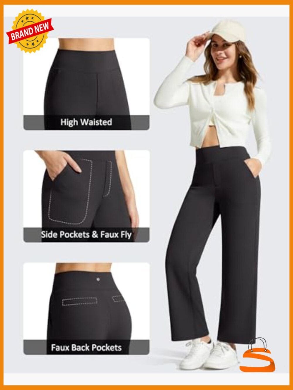 High Waist Yoga Pants with Pockets Wide Leg 7/8 Length Stretch - Picture 3 of 7